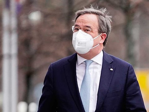 Armin Laschet, CDU federal chairman and minister president of North Rhine-Westphalia, arrives at the CDU presidium meeting in front of party headquarters in Berlin, Germany, Monday, April 12, 2021.