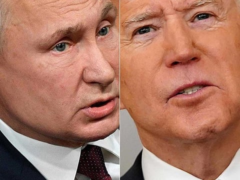 This combination of file pictures created on March 17, 2021 shows Russian President Vladimir Putin (L) during his annual press conference in Moscow on December 19, 2019, and US President Joe Biden speaking on the anniversary of the start of the Covid-19 pandemic, the White House in Washington, DC on March 11, 2021. The US announced economic sanctions against Russia on April 15, 2021, and the expulsion of 10 diplomats in retaliation for what Washington says is the Kremlin's US election interference, a massive cyber attack and other hostile activity.