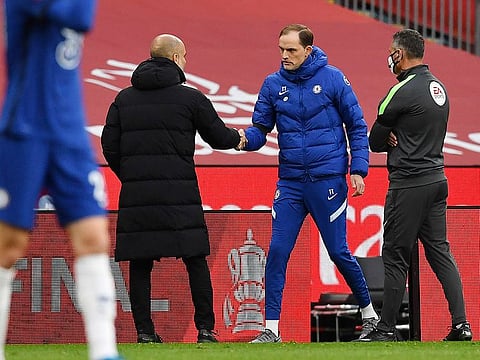 Manchester City's Pep Guardiola (left) and Chelsea's Thomas Tuchel shake hands after the last FA Cup semi-final.
