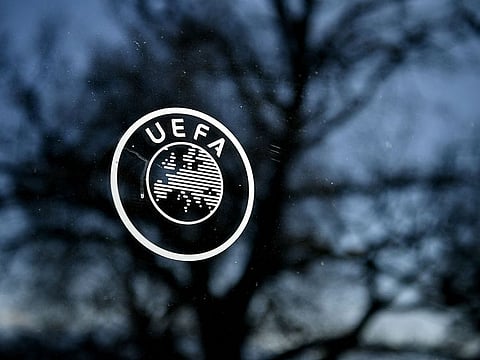 The UEFA logo at the organization's headquarters in Nyon.