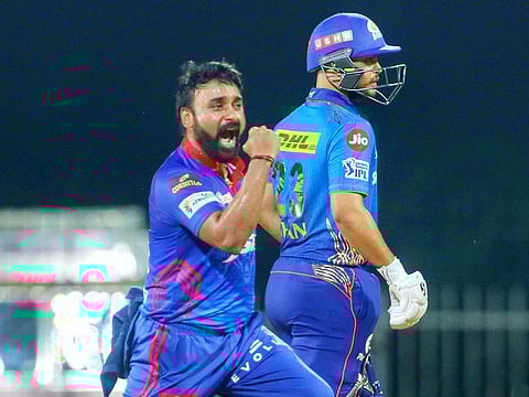 Amit Mishra, the veteran leg spinner of Delhi Capitals, celebrates one of his wickets against Mumbai Indians.