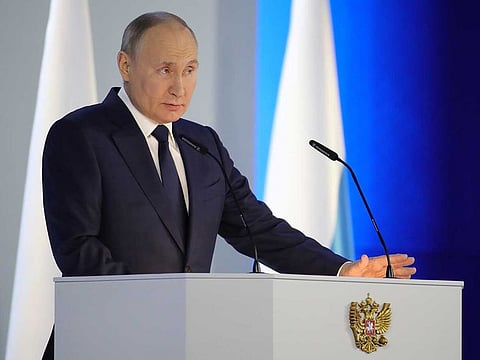 Russian President Vladimir Putin delivers his annual address to the Federal Assembly in Moscow, Russia April 21, 2021.