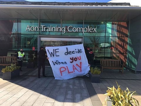 Manchester United fans block entrances to the club's training ground's in ongoing protests after the European Super League fiasco.