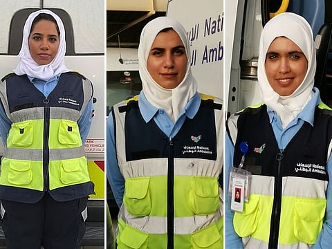 Ohoud Al Serkal (left), Woraija Al Ketbi (centre) and Shaikha Alhefeiti -- the three Emirati Emergency Medical Technicians.