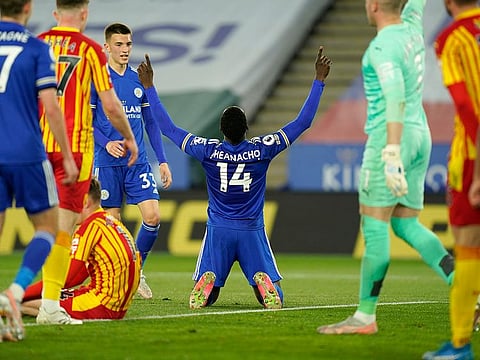 Leicester's Kelechi Iheanacho, center, celebrates after scoring his side's third goal.