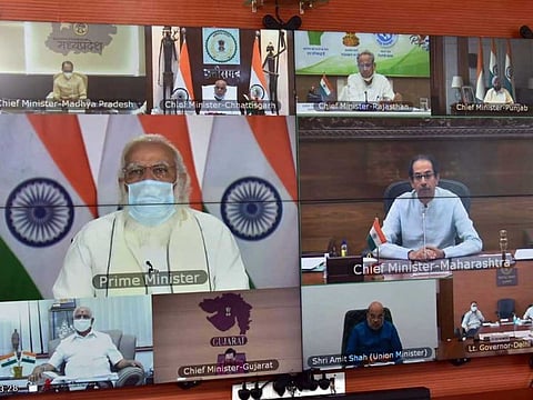 India's Prime Minister Narendra Modi holds a meeting with the chief ministers on the COVID-19 situation, through video conferencing, in New Delhi