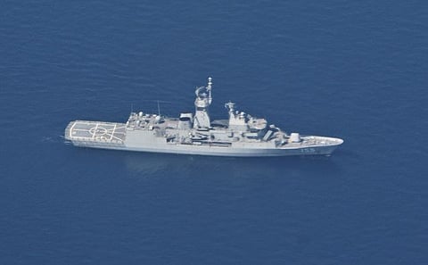 Australian Navy ship HMAS Ballarat sails as it joins the search for Indonesian submarine KRI Nanggala that went missing on Wednesday, in this aerial photo taken from Indonesian Navy's maritime patrol aircraft of 800 Air Squadron of the 2nd Air Wing of Naval Aviation Center over the Bali Sea, Indonesia, Saturday, April 24, 2021. The oxygen supply for the 53 crew members of the Indonesian submarine missing in waters off Bali is believed to have run out early Saturday with no sign of the vessel while the search resumed, bolstered by the arrival of a sonar-equipped Australian warship.