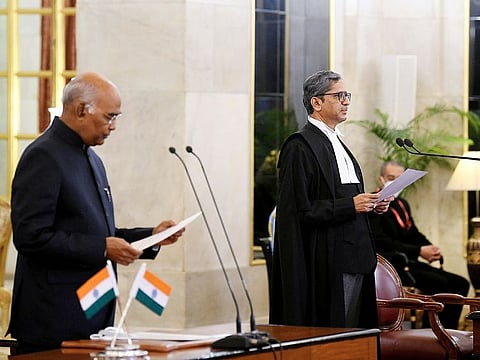President Ram Nath Kovind (left) administering the oath of office to Justice NV Ramana, as the Chief Justice of India, at a swearing-in ceremony, at Rashtrapati Bhavan, in New Delhi on Saturday.