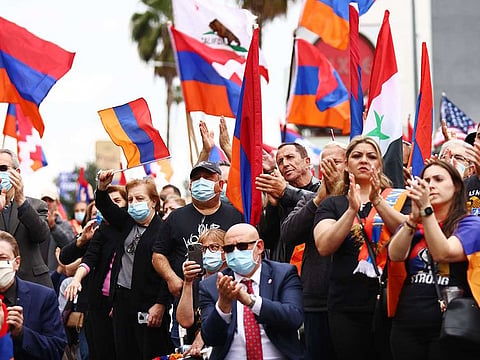 Armenian descendants and supporters gather during a rally in Hollywood commemorating the 106th anniversary of the Armenian genocide on April 24, 2021 in Los Angeles, California.