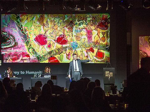 Dh36.67 million were raised on Saturday night Durina a Dubai charity auction of artworks by leading artists and celebrities, and from the personal collections of world leaders, for the UAE’s ‘100 Million Meals’ Ramadan campaign.