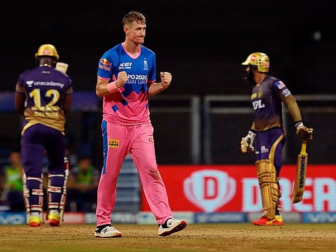 Chris Morris of Rajasthan Royals celebrates the wicket of Andre Russell of Kolkata Knight Riders