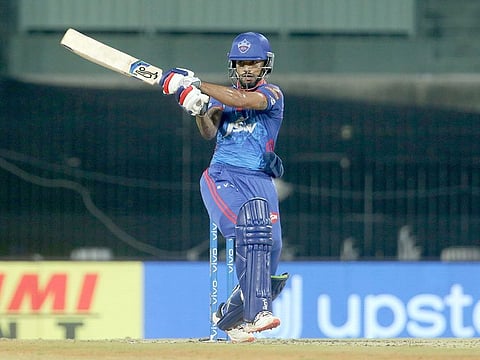 Shikhar Dhawan of Delhi Capitals plays a shot.
