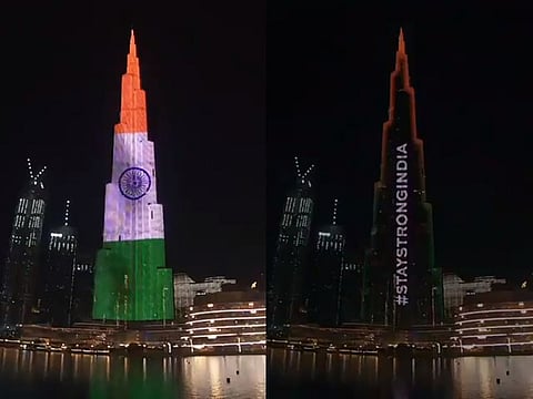 The Burj Khalifa was lit up in the colours of the Indian flag on Sunday.