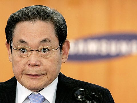 Samsung Group former Chairman Lee Kun-hee speaks during a press conference at the Samsung Group headquarters in Seoul. Samsung’s founding family will donate tens of thousands of rare artworks, including Picassos and Dalis, and give hundreds of millions of dollars to medical research to help them pay a massive inheritance tax following last year’s death of chairman Lee Kun-Hee.
