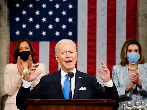 Vice President Kamala Harris, and House Speaker Nancy Pelosi of Calif., stand and applaud as President Joe Biden addresses a joint session of Congress, Wednesday, April 28, 2021, in the House Chamber at the U.S. Capitol in Washington.
