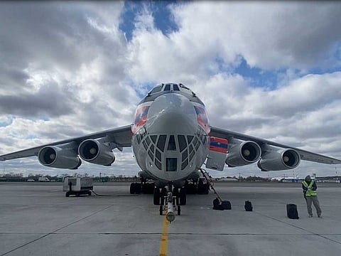 A plane carrying medical aid for India to help the country tackle the outbreak of the coronavirus disease (COVID-19) is pictured at Zhukovsky Airport in Moscow Region, Russia April 28, 2021.