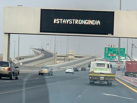 #StayStrongIndia sign on a Dubai road