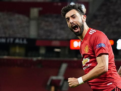 Manchester United's Bruno Fernandes celebrates after scoring his side's fourth goal.