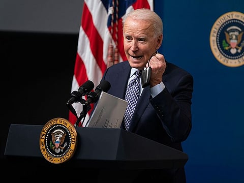 US President Joe Biden speaks during an event in the South Court Auditorium of the White House.