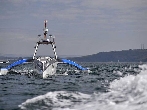 The Mayflower 400 autonomous trimaran is pictured during a sea trial in Plymouth, south west England on April 27, 2021. The autonomous ship is scheduled to embark on May 15 if weather is favourable and permission is granted by British authorities.