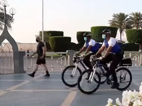 The Abu Dhabi Police bike patrols are reaching out to residents in parks, beaches and other public facilities, reminding them to wear their face masks and practise social distancing.
