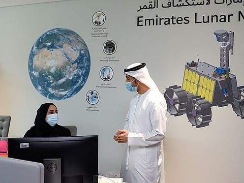 Dr Hamad Al Marzooqi, project manager of Emirates Lunar Mission and Dr Sara Ahmed Al Meeni, project scientist & RF lead, working on the mission