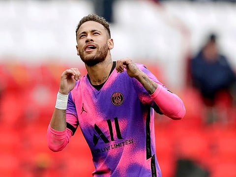 PSG's Neymar celebrates after scoring his side's first goal during a match between Paris Saint-Germain and Lens at the Parc des Princes stadium in Paris.