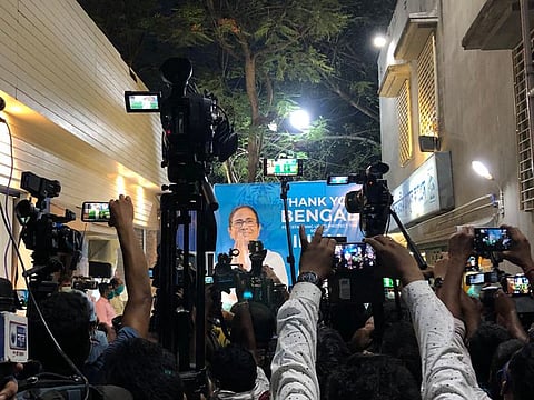 Mediapersons outside West Bengal Chief Minister Mamata Banerjee’s residence in Kolkata on Sunday.