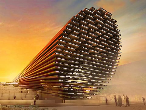 An artistic rendering of the UK Pavilion facade featuring the LED message composed by AI at Expo 2020 Dubai.