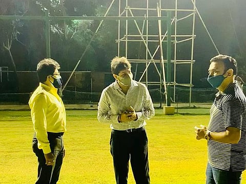 IPL COO Hemang Amin (right) with Abhishek Dalmiya (centre) and Snehasish Ganguly, president and secretary of Cricket Association of Bengal (CAB), respectively, during his inspection of the practice venue of the teams during the Kolkata leg. A total of 10 league games will be played here, starting on May 9.