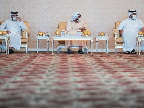 Sheikh Mohammed bin Rashid, Sheikh Hamdan bin Mohammed and Sheikh Ahmad bin Mohammed at the meeting.