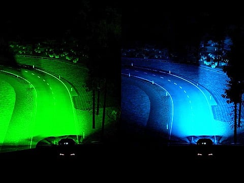 A computer algorithm calculates the speed and trajectory of the vehicle so that it can adjust the headlights appropriately.