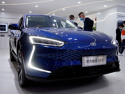 A Seres Huawei Smart Selection SF5 electric vehicle displayed during the Auto Shanghai show in Shanghai, China April 19, 2021.