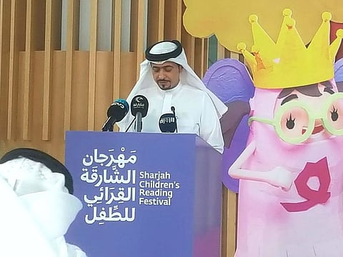 Sharjah Book Authority Chairman Ahmad Al Ameri addressing a press conference at the authority's headquarters on Wednesday regarding the 13th edition of Sharjah Children's Reading Festival.