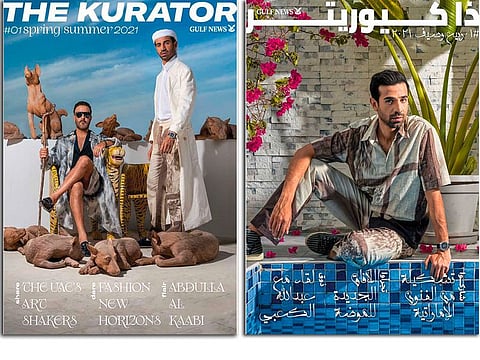 English cover : Abdulla is wearing a tie and dye linen trousers, a linen shirt with macramé collar and embossed linen coat. Farshad is wearing a shaded flowers organza coat and embossed baguette. All, Fendi. Polo Skeleton watch, sapphire crystal caseback and leather, Piaget; Arabic cover: Abdulla is wearing a tie and dye linen shirt and trousers. All, Fendi. Polo Skeleton watch, sapphire crystal caseback and leather, Piaget.