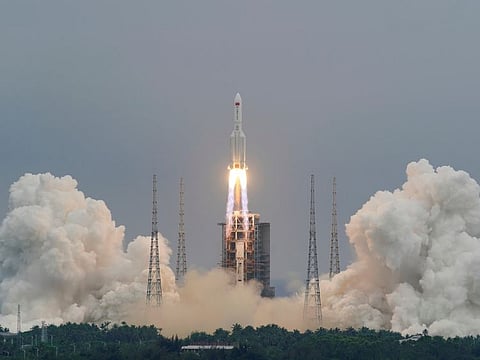 The Long March-5B Y2 rocket, carrying the core module of China's space station Tianhe, takes off from Wenchang Space Launch Center in Hainan province, China.