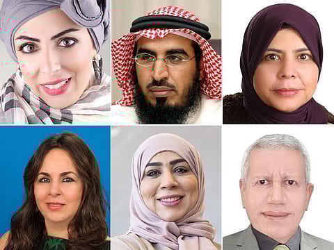 Leading Arab authors and artists to participate in the Sharjah reading festival. Clockwise from Left: Heba Ismail Mandani, Faraj Aldhafeeri, Fidaa Al Zumar, Tayeb Adib, Wafaa Al Shamsi and Hooda Shawa Qadeumi.