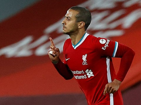 Liverpool's Thiago Alcantara celebrates scoring their second goal against Southampton.