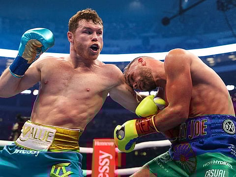 Mexican boxer Saul 'Canelo' Alvarez on his way to victory over Billy Joe Saunders