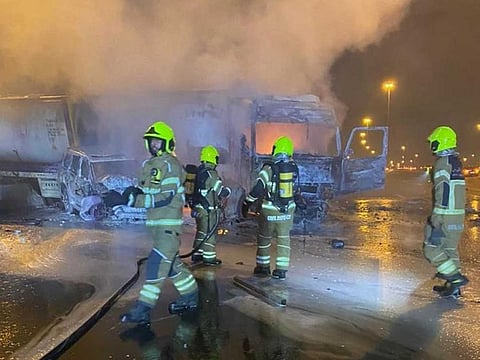 A tanker carrying flammable material caught fire after an accident on Mohamed Bin Zayed Road in Dubai on Sunday night.