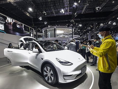 A Tesla Model Y on display at the Shanghai auto show. Tesla found itself in the headlines for all the wrong reasons last month in China after a highly public protest at the Shanghai Auto Show went viral.