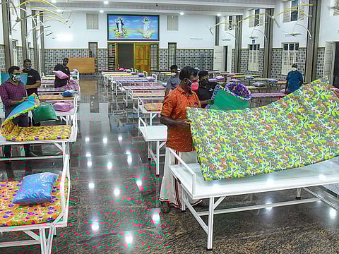 A COVID-19 facility being prepared at Manjummal Carmel Hall as coronavirus case surge in Kochi, Wednesday, May 5, 2021
