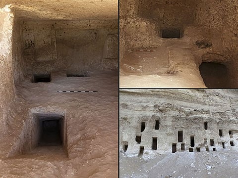 This combination of handout pictures provided by Egypt's Ministry of Antiquities on May 11, 2021 shows a view of newly discovered tombs in the southern province of Sohag, dating back about 4,200 years.