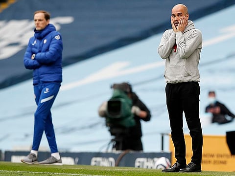 Chelsea's head coach Thomas Tuchel, left, and Manchester City's head coach Pep Guardiola.