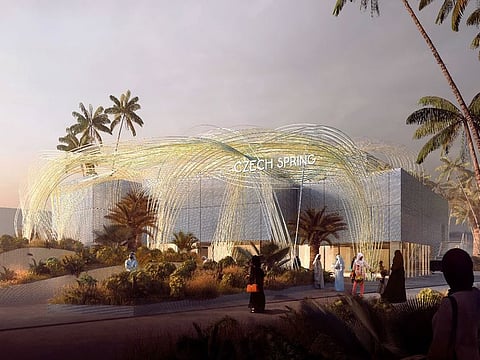 Designed by the Czech architecture studio Formosa AA, the two-storey pavilion is shaded by 12-metre-tall capillaries carrying specially treated water.