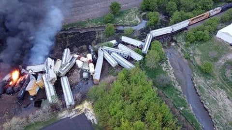 Fire is seen on a Union Pacific train carrying hazardous material that has derailed in Sibley, Iowa, US.