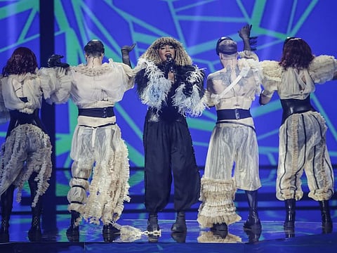Senhit from San Marino performs during rehearsals at the Eurovision Song Contest at Ahoy arena in Rotterdam, Netherlands, Wednesday, May 19, 2021.
