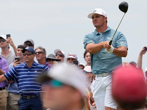 Bryson DeChambeau watches his tee shot on the 14th hole during a practice round at the PGA Championship's Ocean Course on Wednesday.