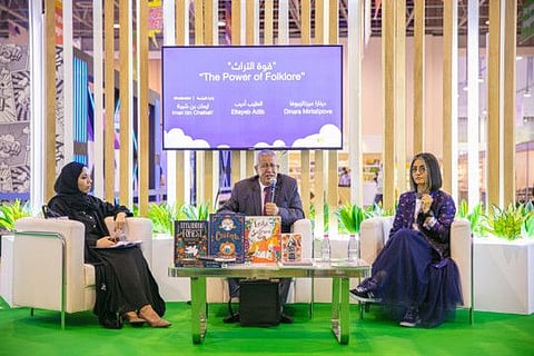 Dinara Mirtalipova, a self-taught illustrator and designer (right) speaking during the session titled ‘The Power of Folklore’, hosted by Egyptian novelist, Tayeb Adib at the Sharjah Reading Festival on Thursday.