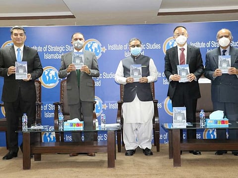 Participants at a book-launch to celebrate the 70th anniversary of China-Pakistan diplomatic relations in Islamabad, on Friday, May 21, 2021.